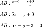 AB: \frac{x-0}{1}= \frac{y+3}{5}\\\\AB:5x=y+3\\\\AB:5x-y-3=0