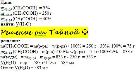 Столовый уксус-это 9%-ный раствор уксусной кислоты в воде. сколько воды (мл) надо добавить к 250 г 3