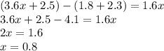 (3.6x+2.5)-(1.8+2.3)=1.6x \\ 3.6x+2.5-4.1=1.6x \\ 2x=1.6 \\ x=0.8