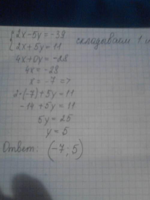 Решите систему уравнений методом сложения 2x-5y=-39 2x+5y=11