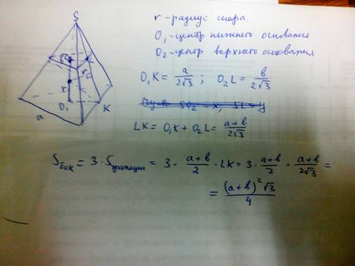 Около шара описана правильная треугольная успченная пирамида, стороны основания которой а и б. найди