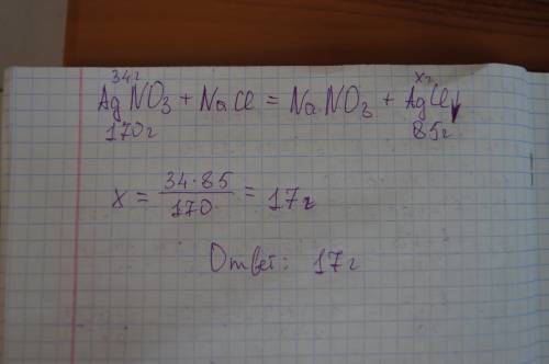 На розчин аргентум нітрату массою 34 г подіяли натрій хлоридом . яка масса осаду утвориться ?