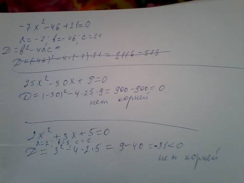 Решите квадратные уравнения -7x^ - 46x + 21 = 0 , 25x^ - 30x +9 = 0 , 2x^ + 3x +5 =0