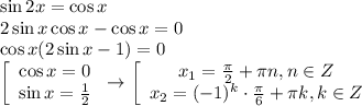 \sin2x=\cos x \\ 2\sin x\cos x-\cos x=0 \\ \cos x(2\sin x-1)=0 \\ \left[\begin{array}{ccc}\cos x=0\\\sin x= \frac{1}{2} \end{array}\right\to \left[\begin{array}{ccc}x_1= \frac{ \pi }{2} + \pi n,n \in Z\\ x_2=(-1)^k\cdot \frac{ \pi }{6}+ \pi k, k \in Z \end{array}\right