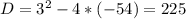 D= 3^{2} -4*(-54)=225