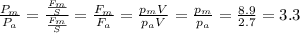 \frac{P_{m}}{P_{a}} =\frac{\frac{F_{m}}{S}}{\frac{F_{m}}{S}}= \frac{F_{m}}{F_{a}}=\frac{p_{m}V}{p_{a}V}=\frac{p_{m}}{p_{a}}=\frac{8.9}{2.7}=3.3