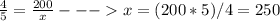 \frac{4}{5} = \frac{200}{x} --- x=(200*5)/4 = 250