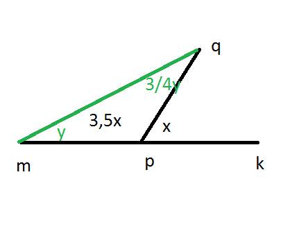 Угол qpk равен 3.5 угла qpm. угол m и угол q = 3: 4. найти угол m,q,qpm?