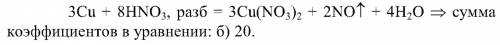 Сумма коэффициентов в уравнении реакции cu+hno3 (разб)=no+