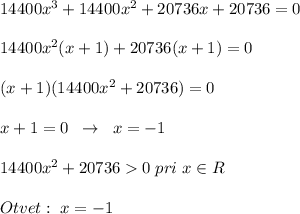 14400x^3+14400x^2+20736x+20736=0\\\\14400x^2(x+1)+20736(x+1)=0\\\\(x+1)(14400x^2+20736)=0\\\\x+1=0\; \; \to \; \; x=-1\\\\14400x^2+207360\; pri\; x\in R\\\\Otvet:\; x=-1