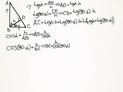 Интересная по ,нужно ,желательно с рисунком! дано: угол abc=90°; bd перпендикулярно ac; bd=h; угол a