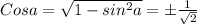 Cosa= \sqrt{1-sin^2a} = \pm \frac{1}{ \sqrt{2}}