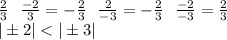 \frac{2}{3}\ \ \frac{-2}{3}=- \frac{2}{3} \ \ \frac{2}{-3}=- \frac{2}{3} \ \ \frac{-2}{-3}= \frac{2}{3} \\&#10;|\pm2|