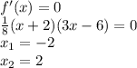 f'(x)=0 \\ \frac{1}{8} (x+2)(3x-6)=0 \\ x_1=-2 \\ x_2=2