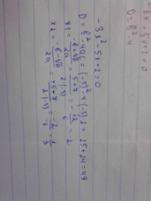 Дискриминант не сходится с ответом, -3x2-5x+2=0