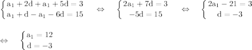 \rm \displaystyle \left \{ {{a_1+2d+a_1+5d=3} \atop {a_1+d-a_1-6d=15}} \right.~~~\Leftrightarrow~~~\left \{ {{2a_1+7d=3} \atop {-5d=15}} \right.~~~\Leftrightarrow~~~\left \{ {{2a_1-21=3} \atop {d=-3}} \right.\\ \\ \\ \Leftrightarrow~~~\left \{ {{a_1=12} \atop {d=-3}} \right.