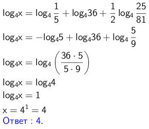 Log x по основанию 4 = log 1/5 по основанию 4 + log 36 по основанию 4 +1/2 log 25/81 по основанию 4