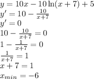 y=10x-10\ln(x+7)+5 \\\ y'=10- \frac{10}{x+7} \\\ y'=0 \\\ 10- \frac{10}{x+7} =0 \\\ 1- \frac{1}{x+7} =0 \\ \frac{1}{x+7} =1 \\\ x+7=1 \\\ x_{min}=-6