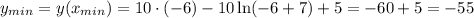 y_{min}=y(x_{min})=10\cdot(-6)-10\ln(-6+7)+5=-60+5=-55