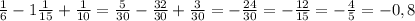 \frac{1}{6} -1 \frac{1}{15} + \frac{1}{10} =\frac{5}{30} - \frac{32}{30}+ \frac{3}{30} =-\frac{24}{30}=-\frac{12}{15}=-\frac{4}{5}=-0,8