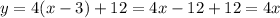 y=4(x-3)+12=4x-12+12=4x