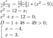 \frac{x^{2} }{x^{2}-9 } =\frac{12-x}{x^{2} -9} |*(x^{2} -9);\\x^{2} =12-x;\\x^{2} +x-12=0;\\D=1+48=490;\\\left [ \begin{array}{lcl} {{x=-4,} \\ {x=3.}} \end{array} \right.