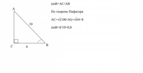 Втреугольнике abc угол с=90 ab=10 bc=6 найдите sinb