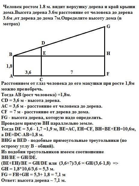 Человек ростом 1.8 м. видит верхушку дерева и край крыши дома.высота дерева 3.6м расстояние от челов