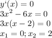 \displaystyle y`(x)=0\\ 3x^2-6x=0\\3x(x-2)=0\\x_1=0; x_2=2&#10;&#10;