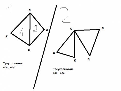 Уменя я его не поняла ! начерти 2 треугольника 1) с общей стороной 2) с общей вершиной