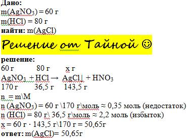 Какая масса хоррида серебра выпадет в осадок,если взяли 60 г нитрата серебра и 80 г соляной кислоты?