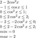 2-2cos^2x\\&#10;-1\leq\cos x\leq1\\&#10;0\leq\cos^2x\leq1;\\&#10;0\leq2\cos^2x\leq2;\\&#10;-2\leq-2\cos^2x\leq0;\\&#10;0\leq2-2\cos^2x\leq2;\\&#10;min=0\\&#10;max=2