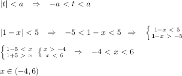 |t|\ \textless \ a\; \; \; \Rightarrow \; \; \; -a\ \textless \ t\ \textless \ a\\\\\\|1-x|\ \textless \ 5\; \; \; \Rightarrow \; \; \; -5\ \textless \ 1-x\ \textless \ 5\; \; \Rightarrow \; \; \; \left \{ {{1-x\ \textless \ 5} \atop {1-x\ \textgreater \ -5}} \right. \\\\ \left \{ {{1-5\ \textless \ x} \atop {1+5\ \textgreater \ x}} \right.\; \left \{ {{x\ \textgreater \ -4} \atop {x\ \textless \ 6}} \right. \; \; \Rightarrow \; \; \; -4\ \textless \ x\ \textless \ 6\\\\x\in (-4,6)