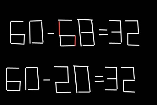 Переложите 2 спички, что бы условие стало верным 60-60=32