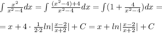 \int \frac{x^2}{x^2-4}dx=\int \frac{(x^2-4)+4}{x^2-4}dx=\int (1+\frac{4}{x^2-4})dx=\\\\=x+4\cdot \frac{1}{2\cdot 2}ln|\frac{x-2}{x+2}|+C=x+ln|\frac{x-2}{x+2}|+C