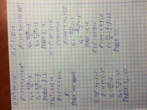 Решить квадратные уравнения(с -в 1)6х^2-5х-1=0 2)х2-х-72=0 3)4х^2-х+8=0 4)-х-10х-24=0 5)5у^2-4у-1=0