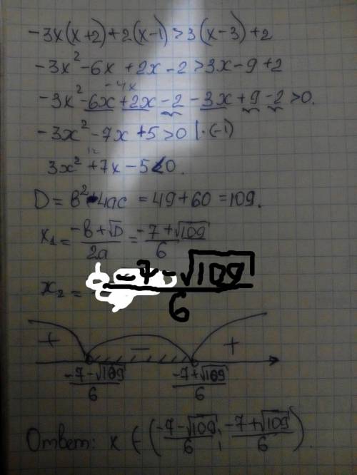 Всем ) решить неравенство : -3х(х+2)+2(х-1)> 3(х-3)+2 надо, заранее