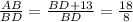 \frac{AB}{BD}= \frac{BD+13}{BD}= \frac{18}{8}