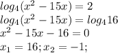 log_4(x^2-15x)=2 \\ log_4(x^2-15x)=log_416 \\ x^2-15x-16=0 \\ x_1=16; x_2=-1;\\\\