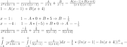 \frac{1}{x^2+3x-4}=\frac{1}{(x+4)(x-1)}=\frac{A}{x+4}+\frac{B}{x-1}=\frac{A(x-1)+B(x+4)}{(x+4)(x-1)}\\1=A(x-1)+B(x+4)\\\\x=1:\ \ \ \ \ 1=A*0+B*5\Rightarrow B=\frac{1}{5}\\x=-4:\ \ \ 1=A*(-5)+B*0\Rightarrow A=-\frac{1}{5}\\\frac{1}{x^2+3x-4}=\frac{-\frac{1}{5}}{x+4}+\frac{\frac{1}{5}}{x-1}=\frac{1}{5(x-1)}-\frac{1}{5(x+4)}\\\\\int\limits_{-4}^0\frac{dx}{x^2+3x-4}=\int\limits_{-4}^0(\frac{1}{5(x-1)}-\frac{1}{5(x+4)})dx=\frac{1}{5}*(ln|x-1|-ln|x+4|)|^0_{-4}=