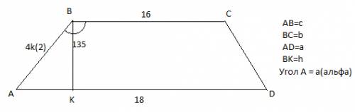 Основания трапеции равны 16 и 18, одна из боковых сторон равна 4 умноженное на корень из 2ух , угол