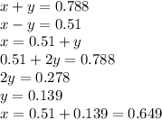 x+y=0.788 \\ &#10;x-y=0.51 \\ x=0.51+y \\ 0.51+2y=0.788 \\ 2y=0.278 \\ y=0.139 \\ x=0.51+0.139=0.649