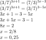 (3/7)^{3x+1}=(7/3)^{5x-3}\\(3/7)^{3x+1}=(3/7)^{3-5x}\\3x+1=3-5x\\3x+5x=3-1\\8x=2\\x=2/8\\x=0,25