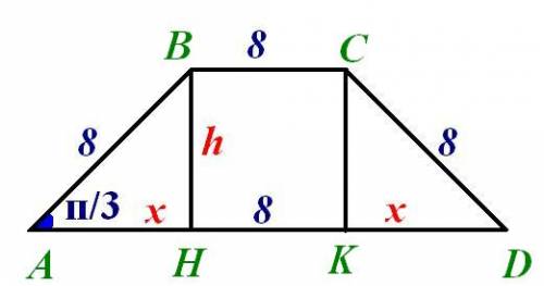 Найдите площадь трапеции у которой боковые стороны и меньшее основание равны 8 см а острый угол при