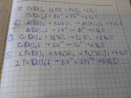 Напишите сокращенные ионные уравнения: fe (oh)2 + 2hcl = fecl2 + 2h2o al(oh)3 + 3hno3 = al(no3)3 + 3