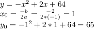 y=-x^2+2x+64 \\ x_0= \frac{-b}{2a}= \frac{-2}{2*(-1)}=1 \\ y_0=-1^2+2*1+64=65