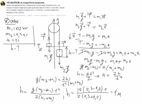 100 за подробное решение. через неподвижный блок перекинута тонкая нерастяжимая нить, на концах кото