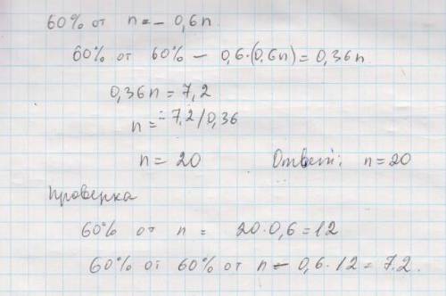 Найдите число n,если 60% от 60% числа n равны 7,2