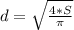 d = \sqrt{ \frac{4 * S}{ \pi } }