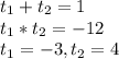 t_1+t_2=1 \\ t_1*t_2=-12 \\ t_1=-3,t_2=4